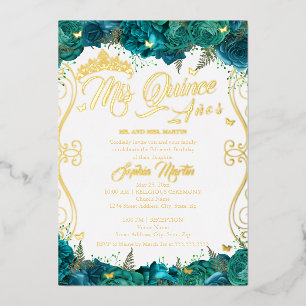 Invitation En Aluminium Défilement sarcelle or floral Mis Quince Quinceane