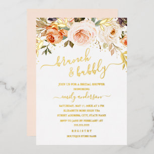 Invitation En Aluminium Déjeuner floral orange doré pêche et bulles