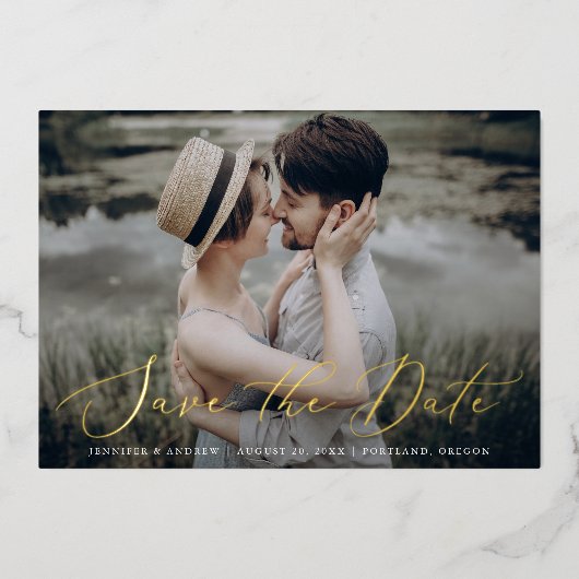 Invitation En Aluminium Delicate Gold Foil Script Photo Enregistrer la car (Recto)