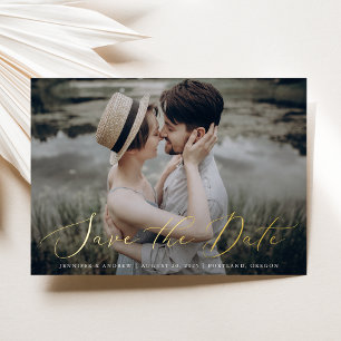 Invitation En Aluminium Delicate Gold Foil Script Photo Enregistrer la car