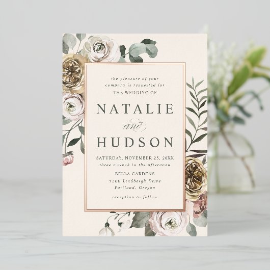 Invitation En Aluminium Delicate Winter Floral Frame Wedding (Debout devant)