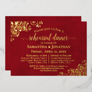 Invitation En Aluminium Dentelle dorée sur fond rouge cramoisi pour le dîn