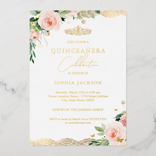 Invitation En Aluminium Dentelle florale Blush Gold Quinceanera (Recto)