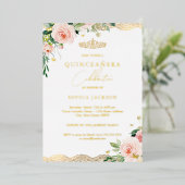 Invitation En Aluminium Dentelle florale Blush Gold Quinceanera (Debout devant)