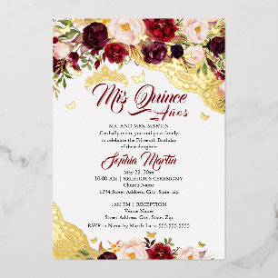 Invitation En Aluminium Dentelle florale Burgundy Papillon d'or Quinceaner