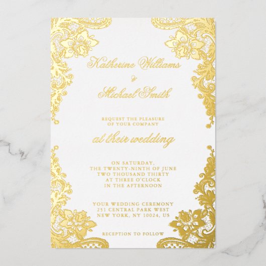 Invitation En Aluminium Dentelle florale Mariage Real Gold (Recto)