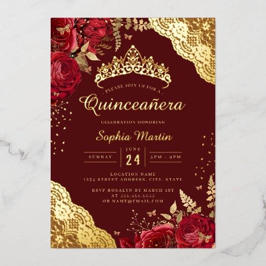 Invitation En Aluminium Dentelle florale rouge Quinceanera (Recto)