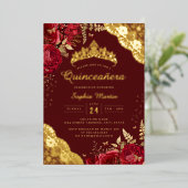 Invitation En Aluminium Dentelle florale rouge Quinceanera (Debout devant)