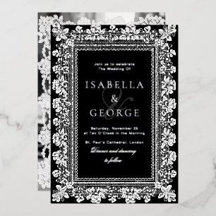 Invitation En Aluminium Dentelle Vintage Vieil Argent Mariage Noir et Blan
