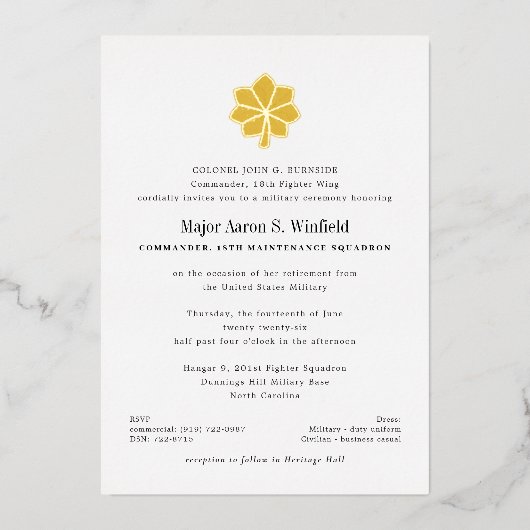 Invitation En Aluminium Départ militaire majeure en or (Recto)