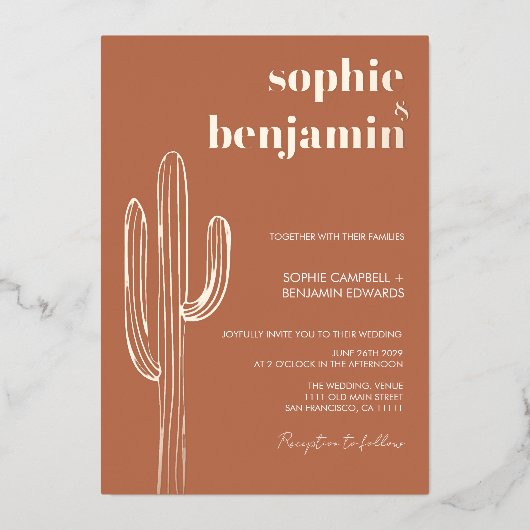 Invitation En Aluminium Desert Cactus Terracotta Rétro Mariage Rose Gold (Recto)
