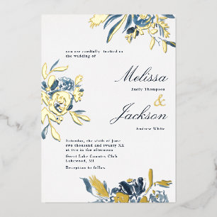 Invitation En Aluminium Design Mariage Fleur Bleue et Fleur Or