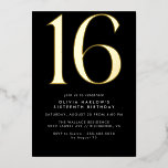 Invitation En Aluminium Design moderne noir et or | Cool 16e anniversaire<br><div class="desc">Invitations de style moderne à 16ème anniversaire avec un grand cap "16" en véritable feuille métallique sur un arrière - plan noir contrastant. (Les couleurs Arrière - plans peuvent être modifiées à l'aide de l'outil de conception. Vous pouvez également modifier le type de feuille métallique.)</div>