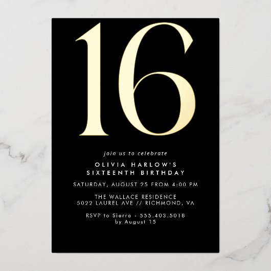 Invitation En Aluminium Design moderne noir et or | Cool 16e anniversaire (Recto)