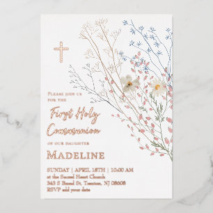 Invitation En Aluminium dessin de fleurs sauvages Première Sainte Communio