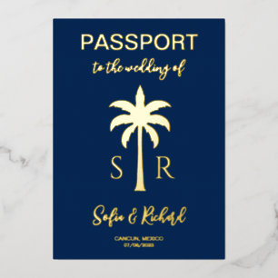 Invitation En Aluminium Destination de mariage au passeport Gold Palm Mono