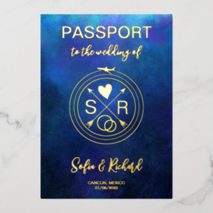 Invitation En Aluminium Destination de mariage passeport feuille d'or avio
