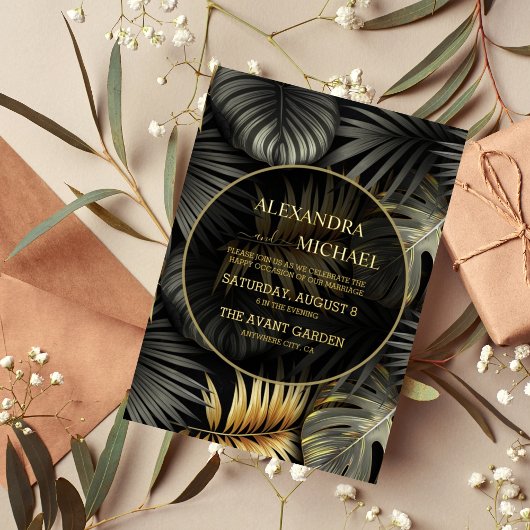 Invitation En Aluminium Destination Tropicale Noir et Or Mariage Invita