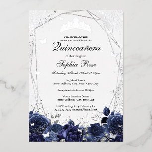 Invitation En Aluminium Diadème de fleurs Navy Silver Sparkle Quinceanera