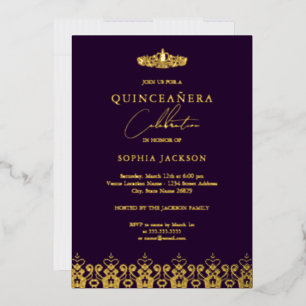 Invitation En Aluminium Diadème élégant or violet Quinceanera