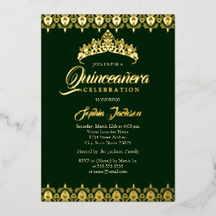 Invitation En Aluminium Diadème en feuille d'or Émeraude Quinceanera