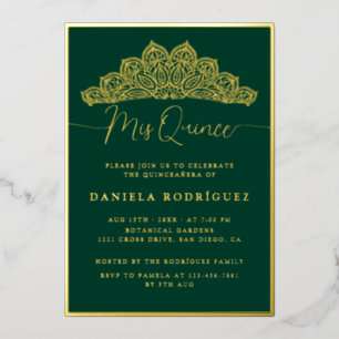 Invitation En Aluminium Diadème en filigrane doré orné vert pour Quinceane