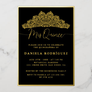 Invitation En Aluminium Diadème filigrané noir doré orné Quinceanera