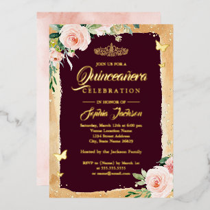 Invitation En Aluminium Diadème Floral Étincelant Burgundy Blush Quinceane