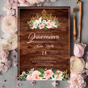 Invitation En Aluminium Diadème Floral Rose Blush Rustique Quinceanera