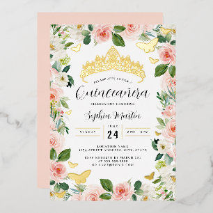 Invitation En Aluminium Diadème Floral Rose Doré Papillon Quinceanera