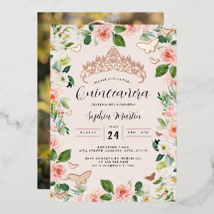 Invitation En Aluminium Diadème Floral Rose Gold Papillon Photo Quinceaner