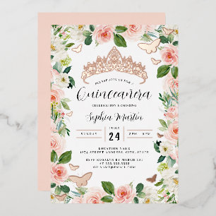 Invitation En Aluminium Diadème floral rose gold papillon Quinceanera