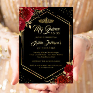 Invitation En Aluminium Diadème Moderne Floral Rouge Or Quinceanera Feuill
