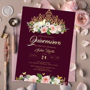 Invitation En Aluminium Diadème Papillon Floral Burgundy Blush Quinceanera