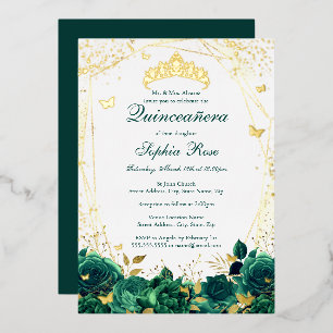 Invitation En Aluminium Diadème Papillon Floral Émeraude Quinceanera