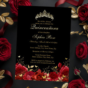 Invitation En Aluminium Diadème papillon floral or rouge Quinceanera