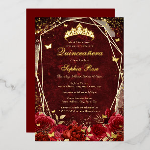 Invitation En Aluminium Diadème papillon floral or rouge royal Quinceanera
