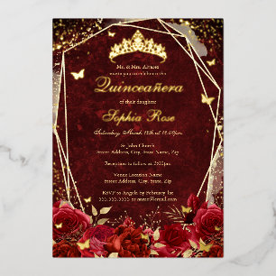 Invitation En Aluminium Diadème papillon floral or rouge royal Quinceanera