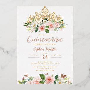 Invitation En Aluminium Diadème Papillon Floral Rose Or Rose Quinceanera