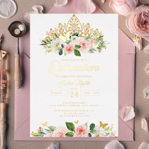 Invitation En Aluminium Diadème Papillon Floral Rose Teint Doré Quinceaner