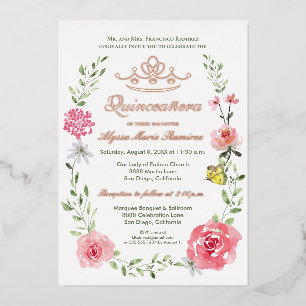 Invitation En Aluminium Diadème papillons roses floraux Luxe Quinceañera