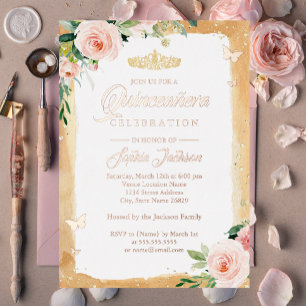 Invitation En Aluminium Diadème Rose Gold Floral Blush Quinceanera