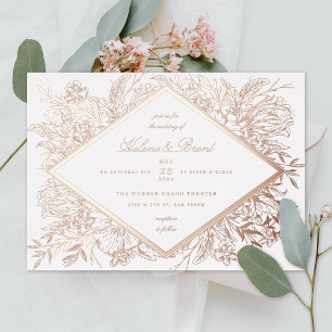 Invitation En Aluminium Diamant floral croisé Romantique Jardin Rose Or