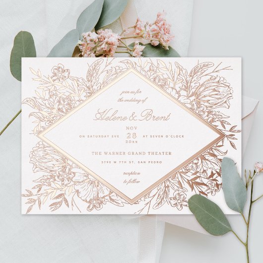 Invitation En Aluminium Diamant floral croisé Romantique Jardin Rose Or