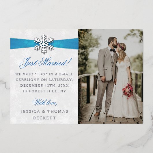 Invitation En Aluminium Diamante Snowflake & Blue Ribbon Mariage d'hiver (Recto)