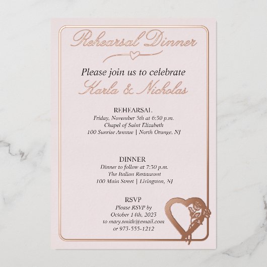 Invitation En Aluminium Dîner De Répétition Coeur Et Fleurs Roses (Recto)