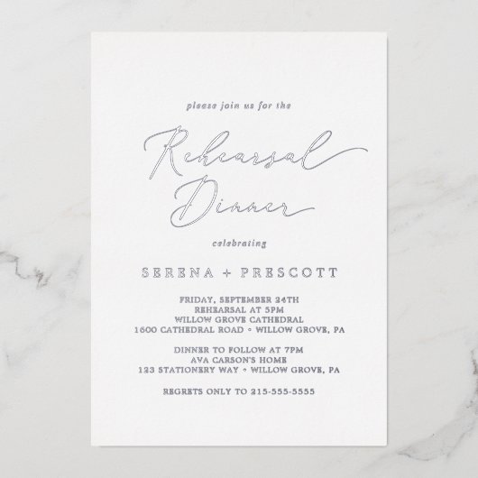 Invitation En Aluminium Dîner de répétition de la calligraphie argentée dé (Recto)