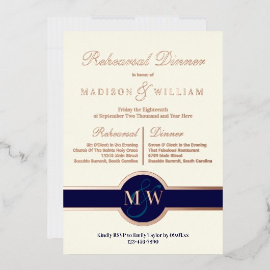 Invitation En Aluminium Dîner de répétition de luxe Monogram Marine Rose G (Enveloppe)