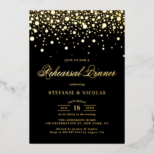 Invitation En Aluminium Dîner de répétition des points Confetti Noir et Or (Recto)