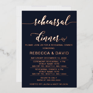Invitation En Aluminium Dîner de répétition élégant Navy Rose Gold Script